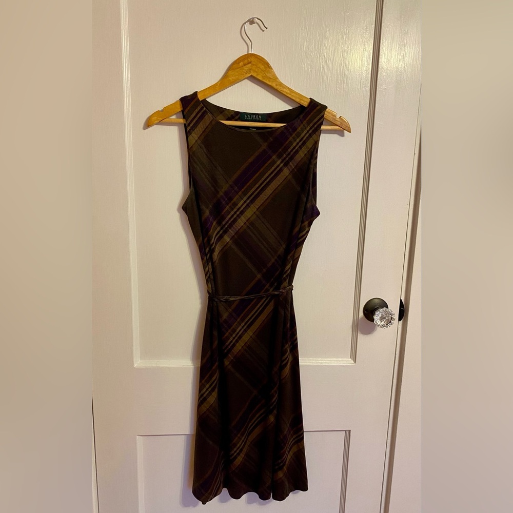 Ralph Lauren Brown/Green/Purple Plaid Wool/Silk Dress with Self-Tie Belt Size M